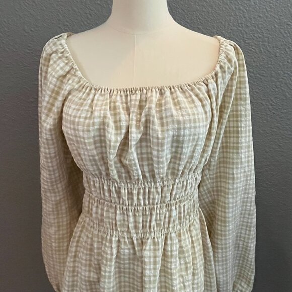 LEYDEN Smocked Boho Mini Peasant Prairie Beige & White Plaid Dress - NWT - L - Picture 2 of 16